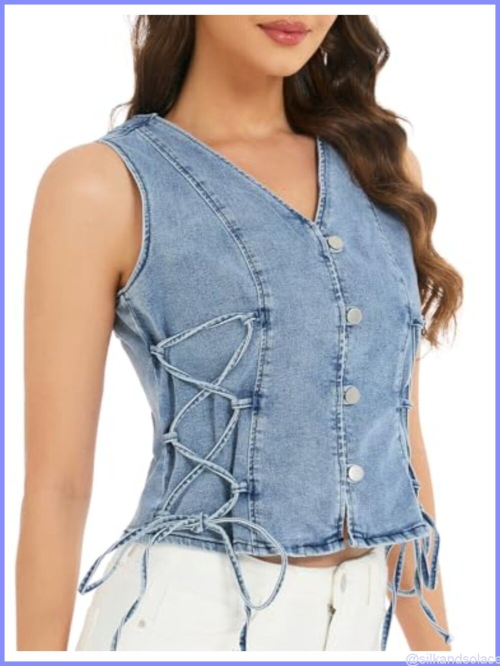 Y2K Stretch Denim Vest Cropped Sleeveless Lace-Up Jean Top